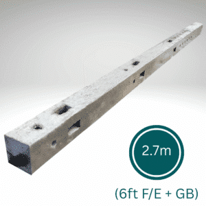 2.7m long dry cast concrete morticed corner post configured for 90 degree 6ft featheredge fence and gravel board near Harlow