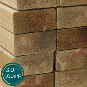 A 3.0m length of regularised 100x47mm structural graded timber framing joist for building work.
