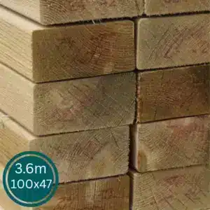 A 3.6m length of regularised 100x47mm structural graded timber framing joist for building work.