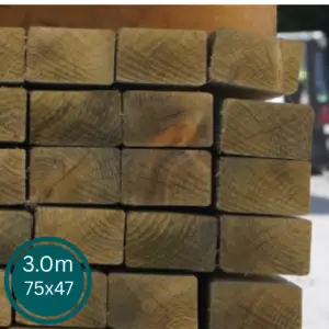 A 3.0m length of regularised 75x47mm structural graded timber framing joist for building work.