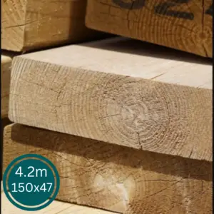 A 4.2m length of regularised 150x47mm structural graded timber framing joist for building work.