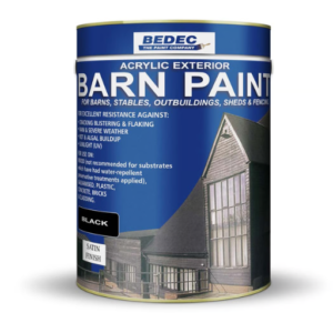 A 5-litre tin of Bedec Barn Paint in semi-gloss black for exterior timber cladding, masonry, and metalwork.
