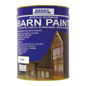 A 5-litre tin of Bedec Barn Paint in semi-gloss white for exterior timber cladding, masonry, and metalwork.