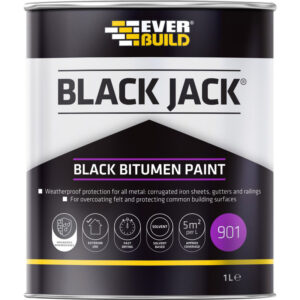 A 2.5-litre tin of Everbuild Black Jack bitumastic paint for heavy duty waterproofing of exterior steel, concrete, and timber.