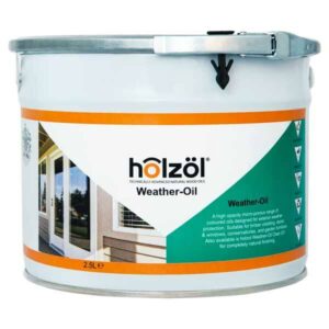 A 2.5L tin of Holzol Weather Oil in Clear, offering UV protection and water-repellent oil treatment for exterior timber surfaces.