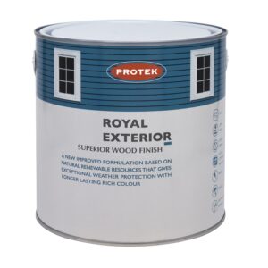A 2.5-litre tin of premium Protek Royal Exterior water based wood finish paint for garden timber care.