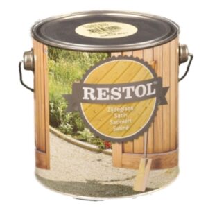 A large 2.5-litre tin of Restol Exterior Wood Oil protective translucent treatment for outdoor timber care.