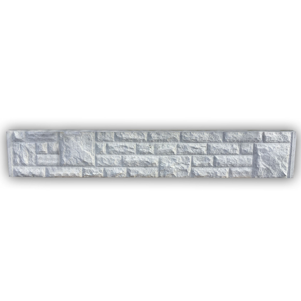 6ft long rockfaced concrete gravel board 12 inches high with natural stone effect texture near Harlow