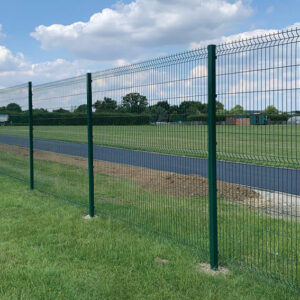 1.8m high by 3.0m wide green powder coated steel v-mesh security panel with rigid folds for commercial fencing near Harlow