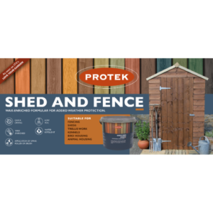 A 5-litre tub of Protek Shed and Fence water based wood stain paint available in various colours.